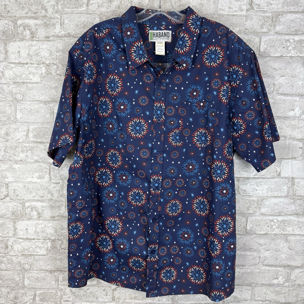 HABAND Men's Red‎ White Blue Button Up Shirt FLAG Fireworks 4th Of July Sz Large